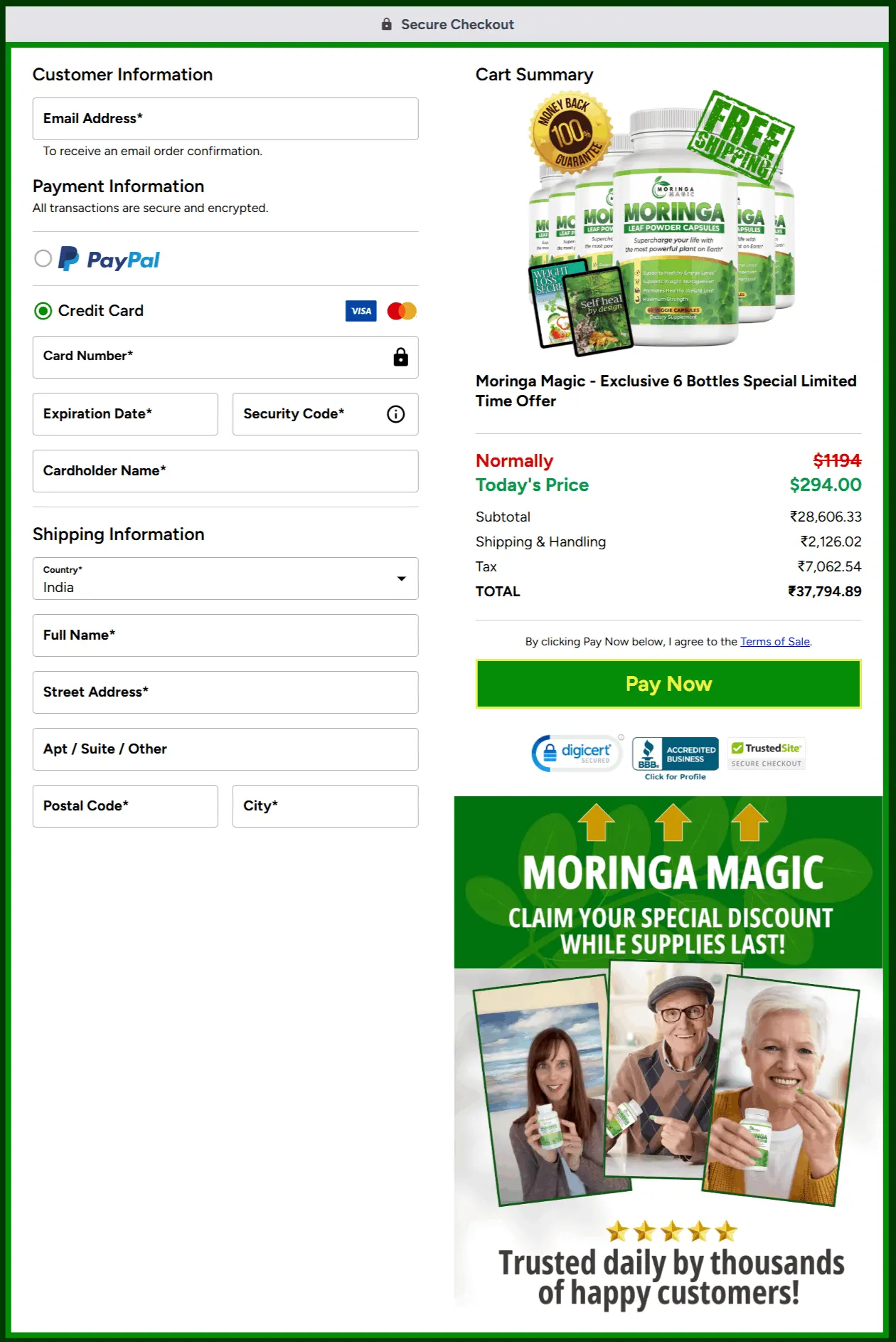 Moringa Magic checkout page
